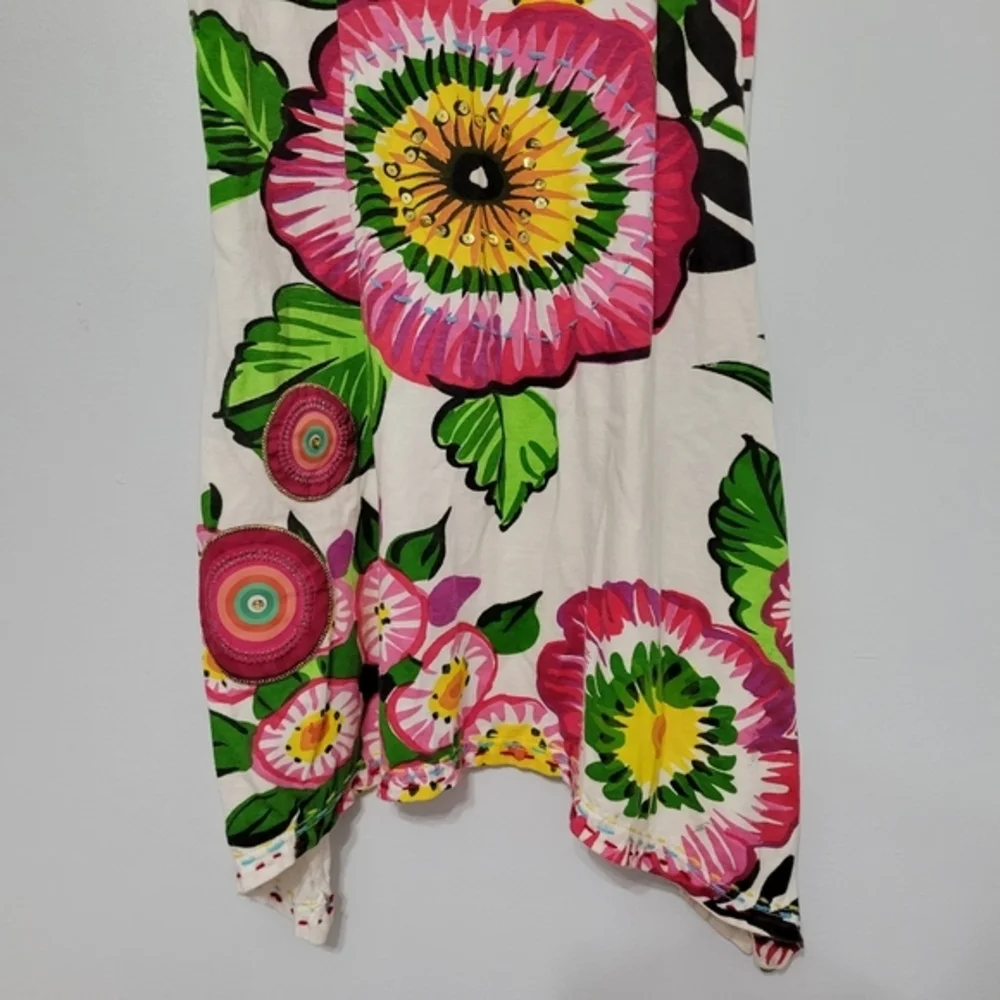 Desigual Womens Floral Asymmetric Tunic Tank Beaded Embroidered Mixed Media XS/S
